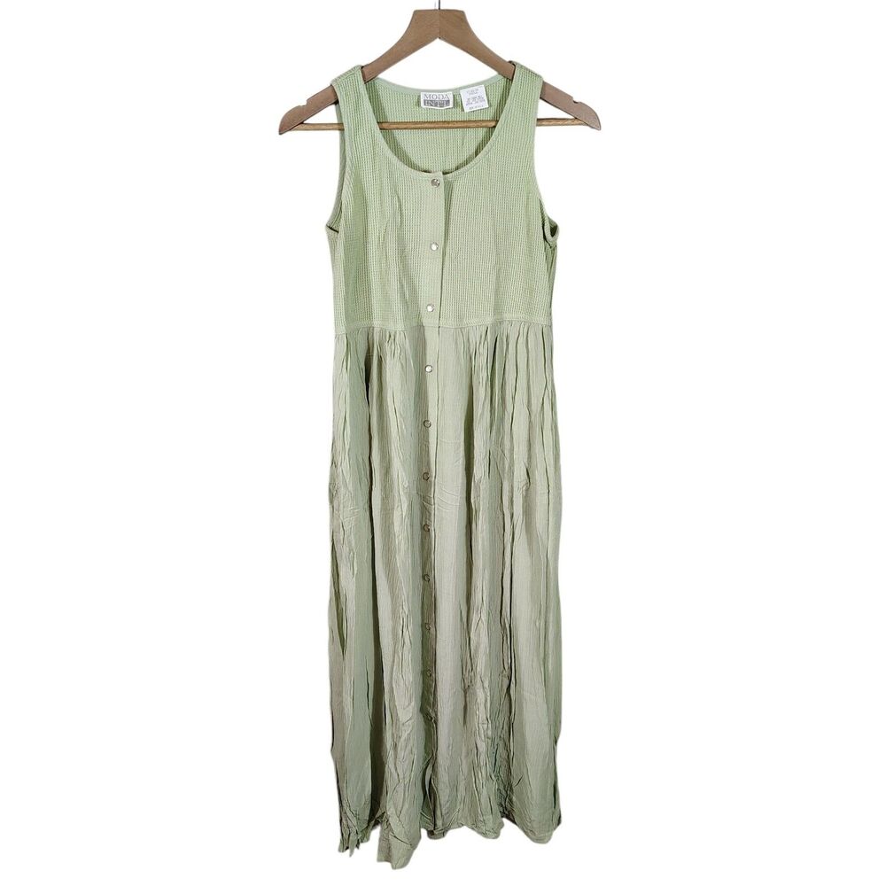Vtg Moda Intl Maxi Dress Small Green 90s Waffle Knit Button Front Cottagecore